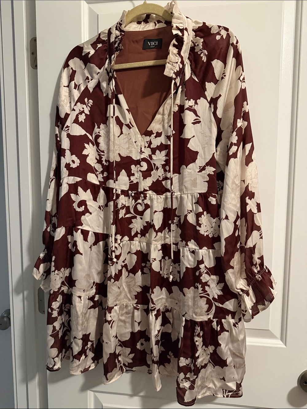 VICI Brown & White Mini Dress Boho Abstract Print Long Sleeve Boutique-size -M